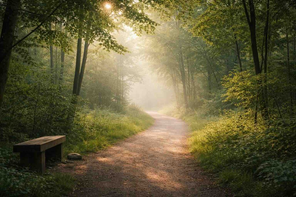 Rolig skovsti i blødt lys som visuel metafor for mindfulness-øvelser ved stress
