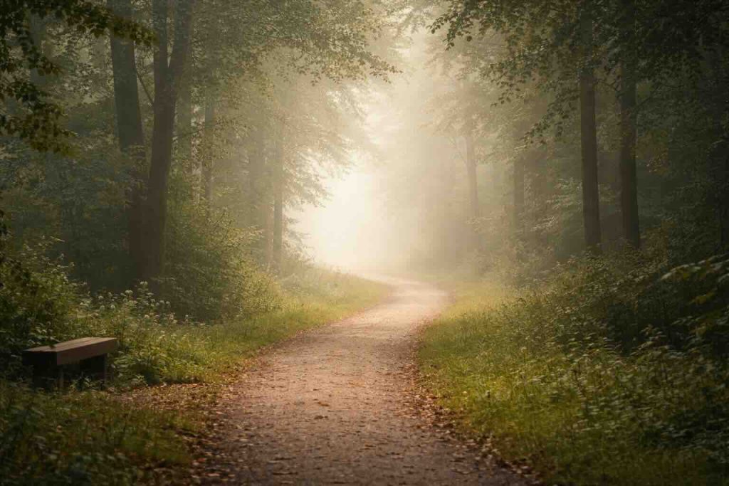 Stress depression symptomer illustreret med rolig skovsti i tåge og blødt morgenlys
